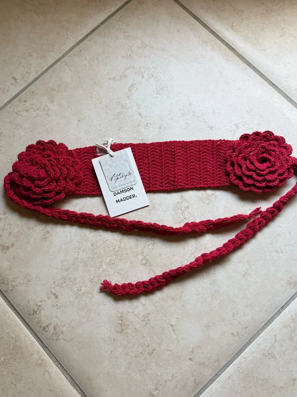 Free People Red Crochet Floral Ear Warmer Scarf